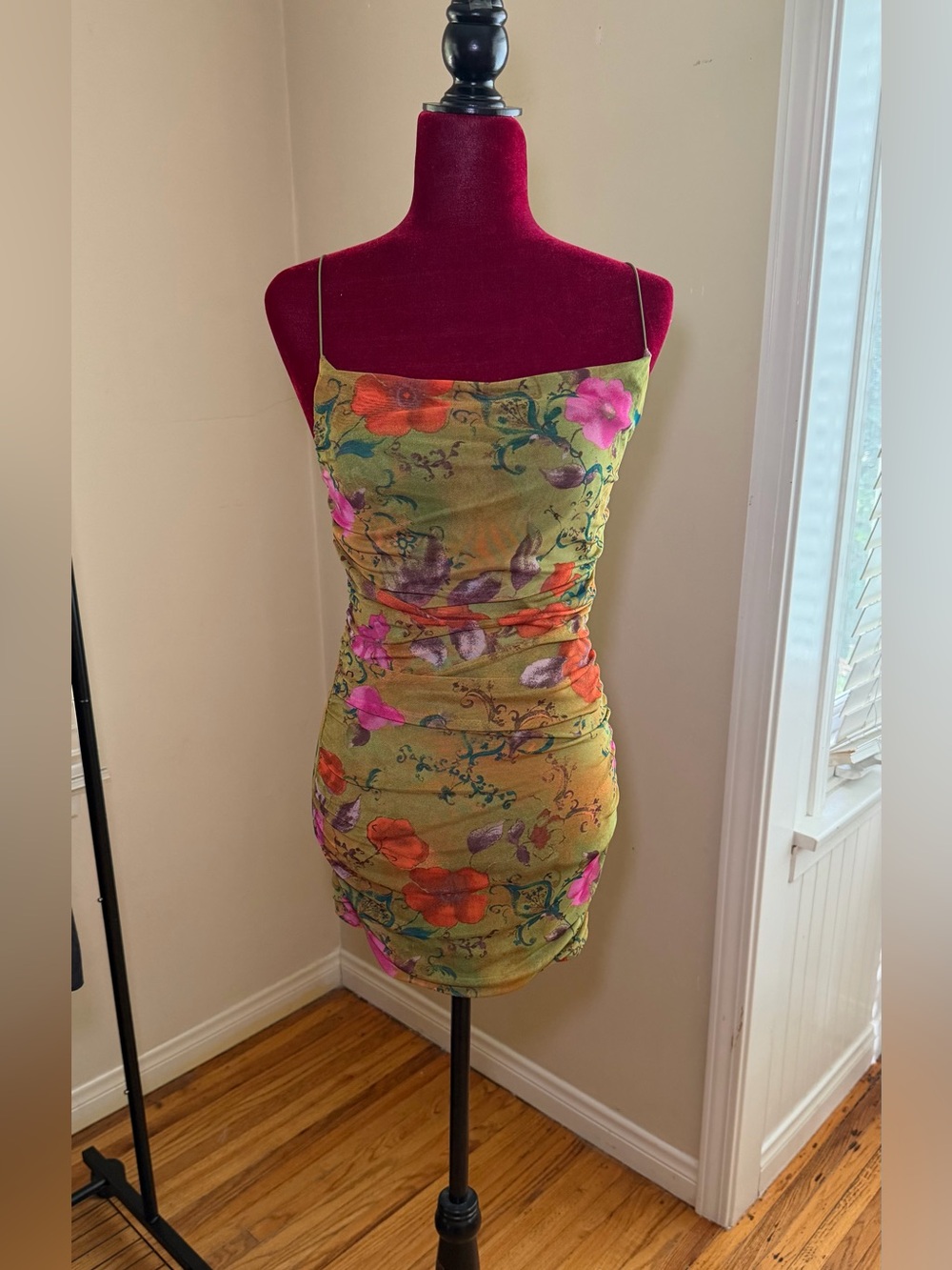 wild fable Olive Green Floral Spaghetti-Strap Mini Dress